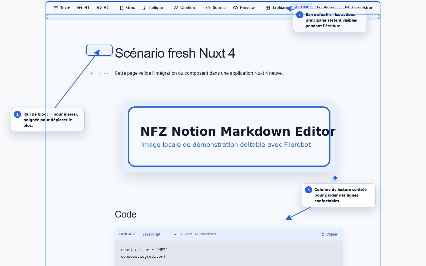 Vue générale annotée de NFZ Notion Markdown Editor