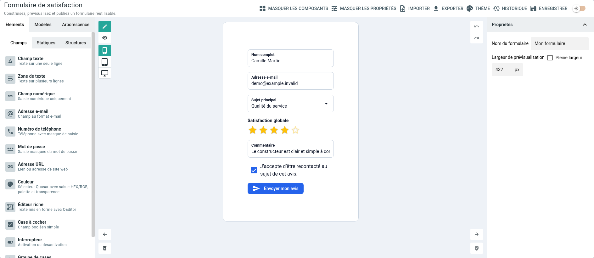 Vue générale du constructeur QForm Builder
