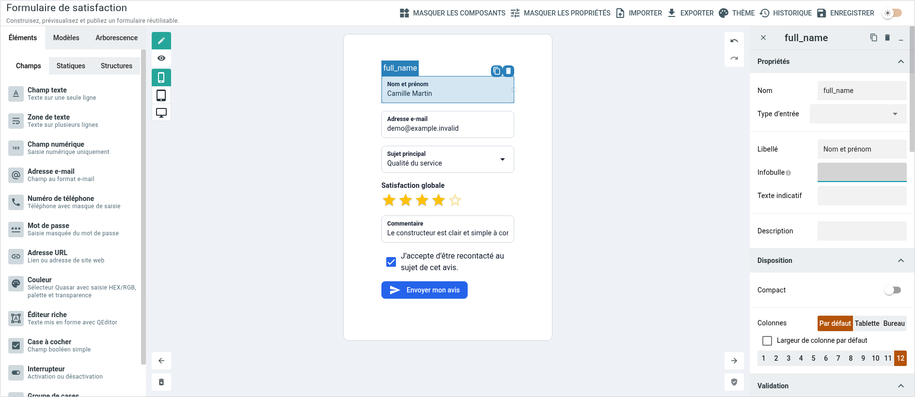 Champ sélectionné et panneau de propriétés
